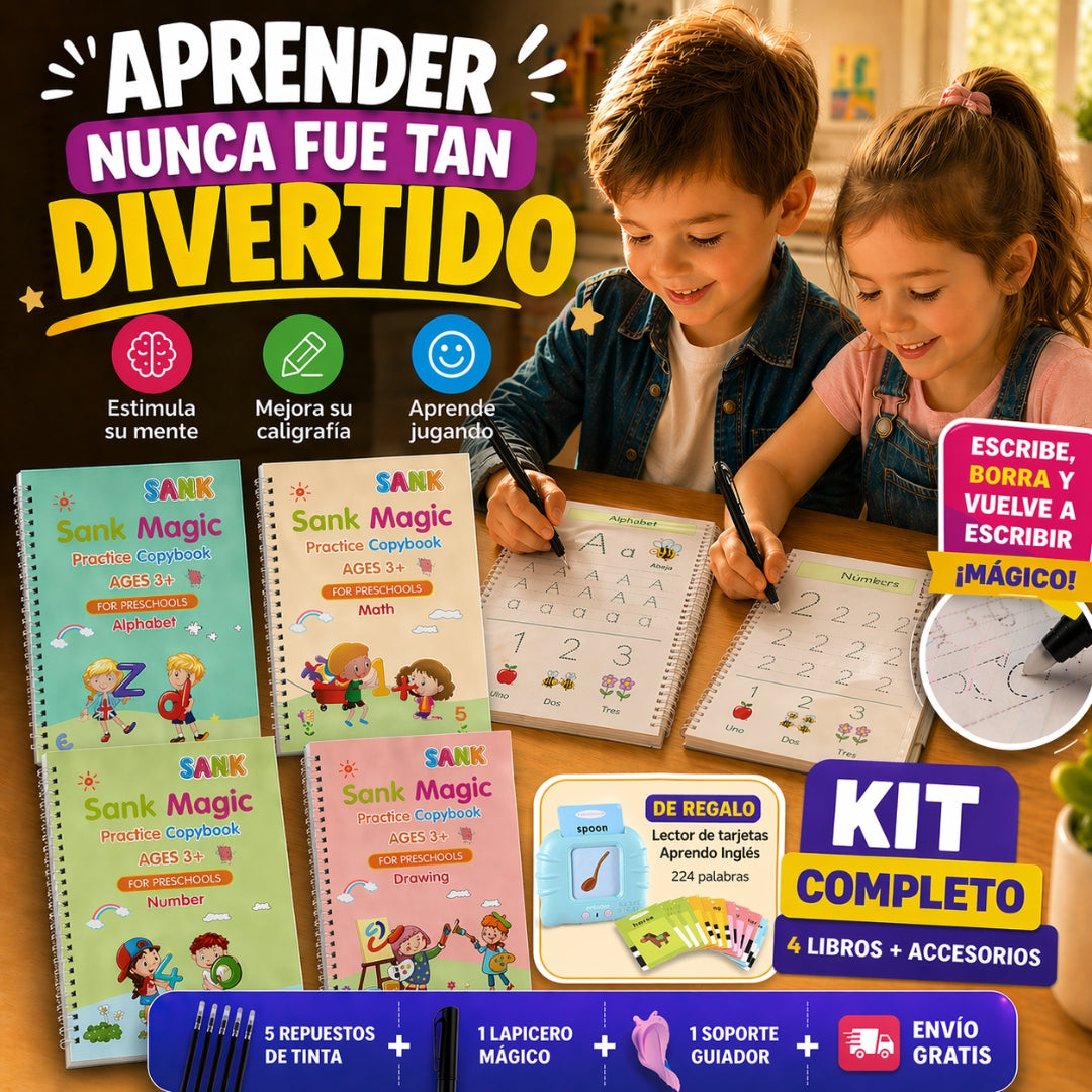 Set 4 Cuadernos  de Caligrafía Mágicos +  🎁 Regalo Tarjetas Ingles Interactivo