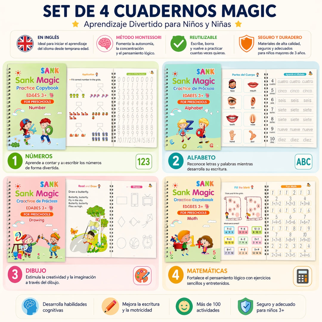 Set 4 Cuadernos  de Caligrafía Mágicos +  🎁 Regalo Tarjetas Ingles Interactivo
