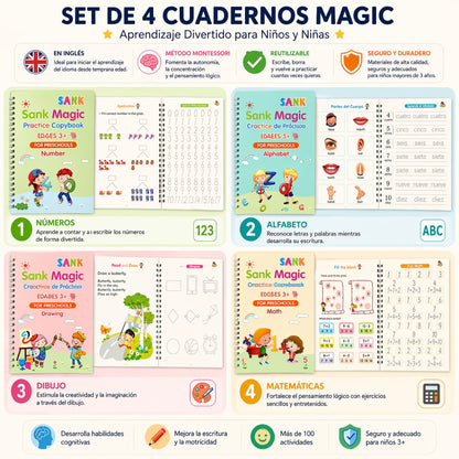 Set 4 Cuadernos  de Caligrafía Mágicos +  🎁 Regalo Tarjetas Ingles Interactivo