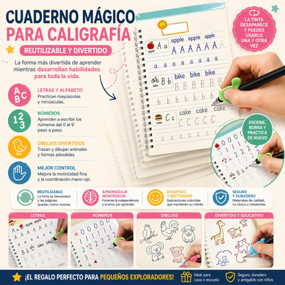 Set 4 Cuadernos  de Caligrafía Mágicos +  🎁 Regalo Tarjetas Ingles Interactivo