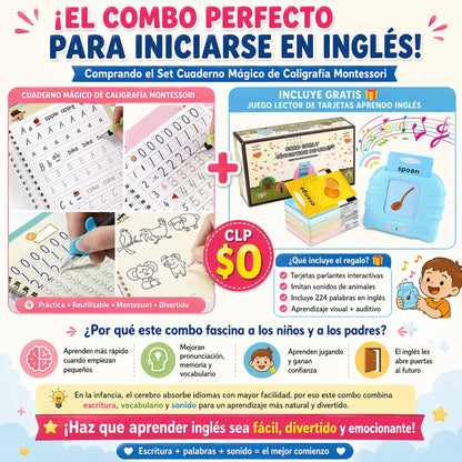 Set 4 Cuadernos  de Caligrafía Mágicos +  🎁 Regalo Tarjetas Ingles Interactivo
