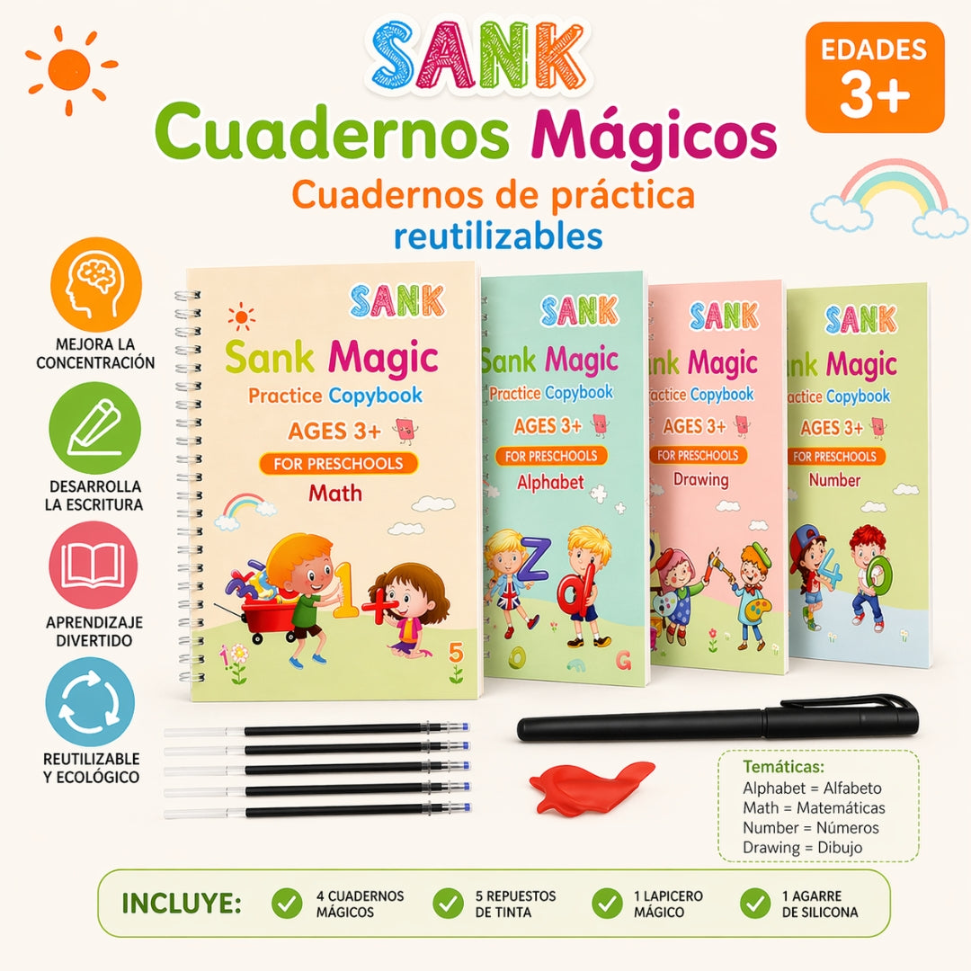 Set 4 Cuadernos  de Caligrafía Mágicos +  🎁 Regalo Tarjetas Ingles Interactivo