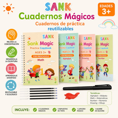Set 4 Cuadernos  de Caligrafía Mágicos +  🎁 Regalo Tarjetas Ingles Interactivo
