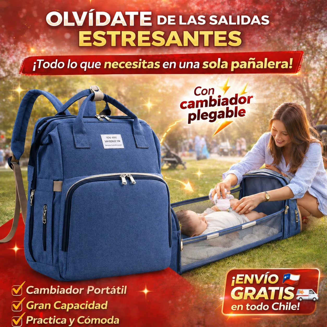 Pañalera Plegable Multifunción (Colores Morado-Rojo-Azul)